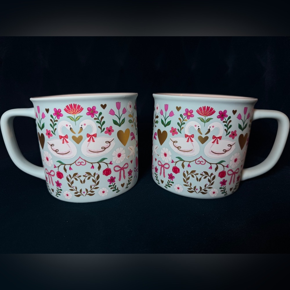 Floral Swan Ceramic Mug Pair - White with Pink & Gold Accents